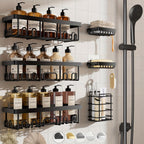 Juego de 6 organizadores de ducha, estantes negros para el baño, cestas de acero inoxidable para montaje en pared con adhesivo para dentro de la ducha, organizadores de ducha