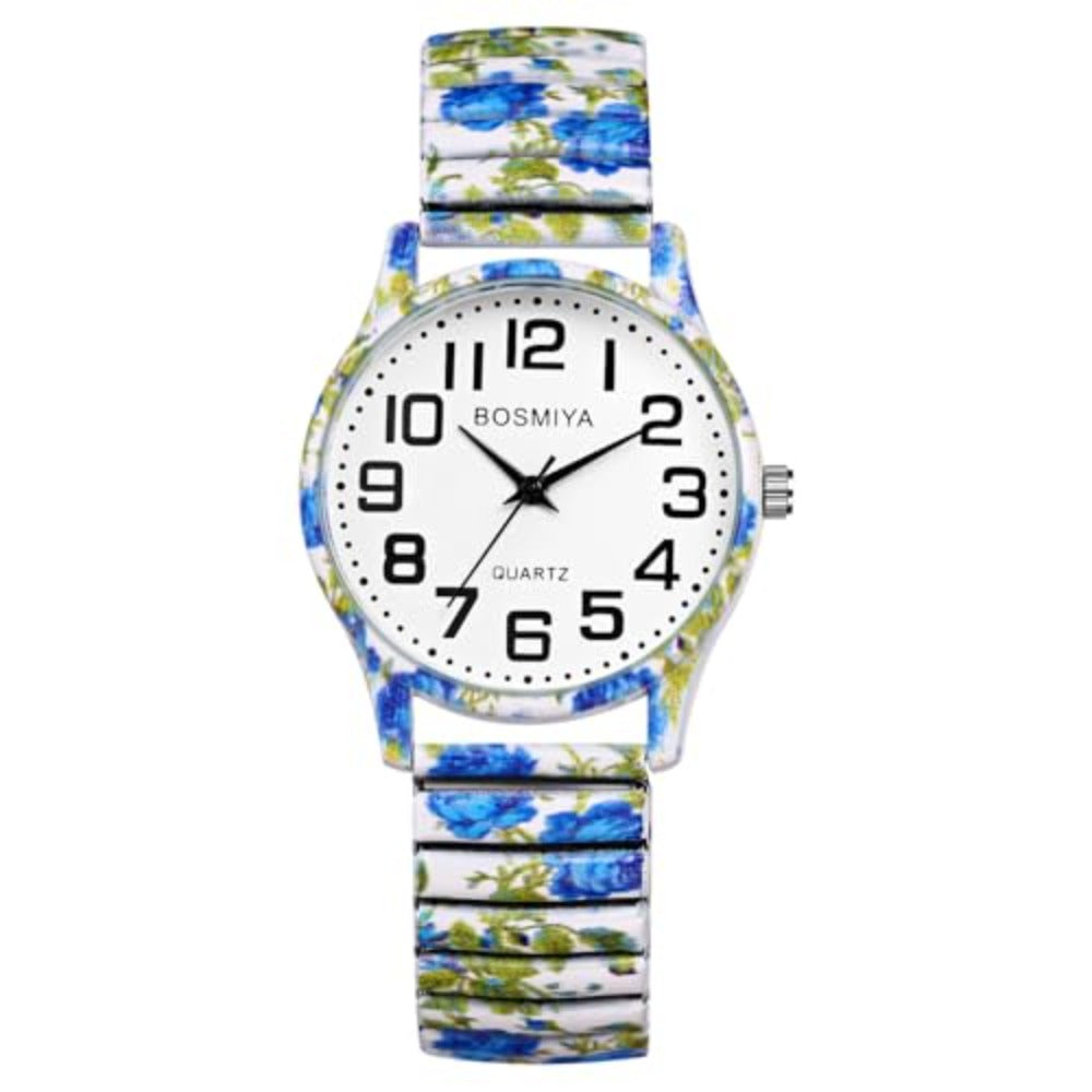 Reloj Elástico de Estilo Bohemio para Mujer: Un Reloj de Pulsera de Cuarzo con Diseño Floral, Banda Elástica de Acero Inoxidable y Esfera de Números Grandes, Perfecto Como Regalo de Cumpleaños o Navidad