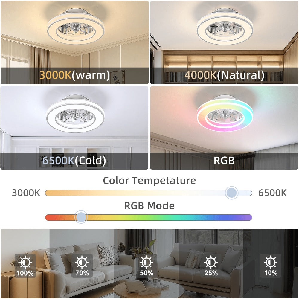 Ventilador de techo con luz de 41.5 cm, ventiladores de techo silenciosos de 25 W, regulable 3000K-6500K-RGB, 6 velocidades de viento con control remoto, temporizador, memoria de luz, ventilador reversible