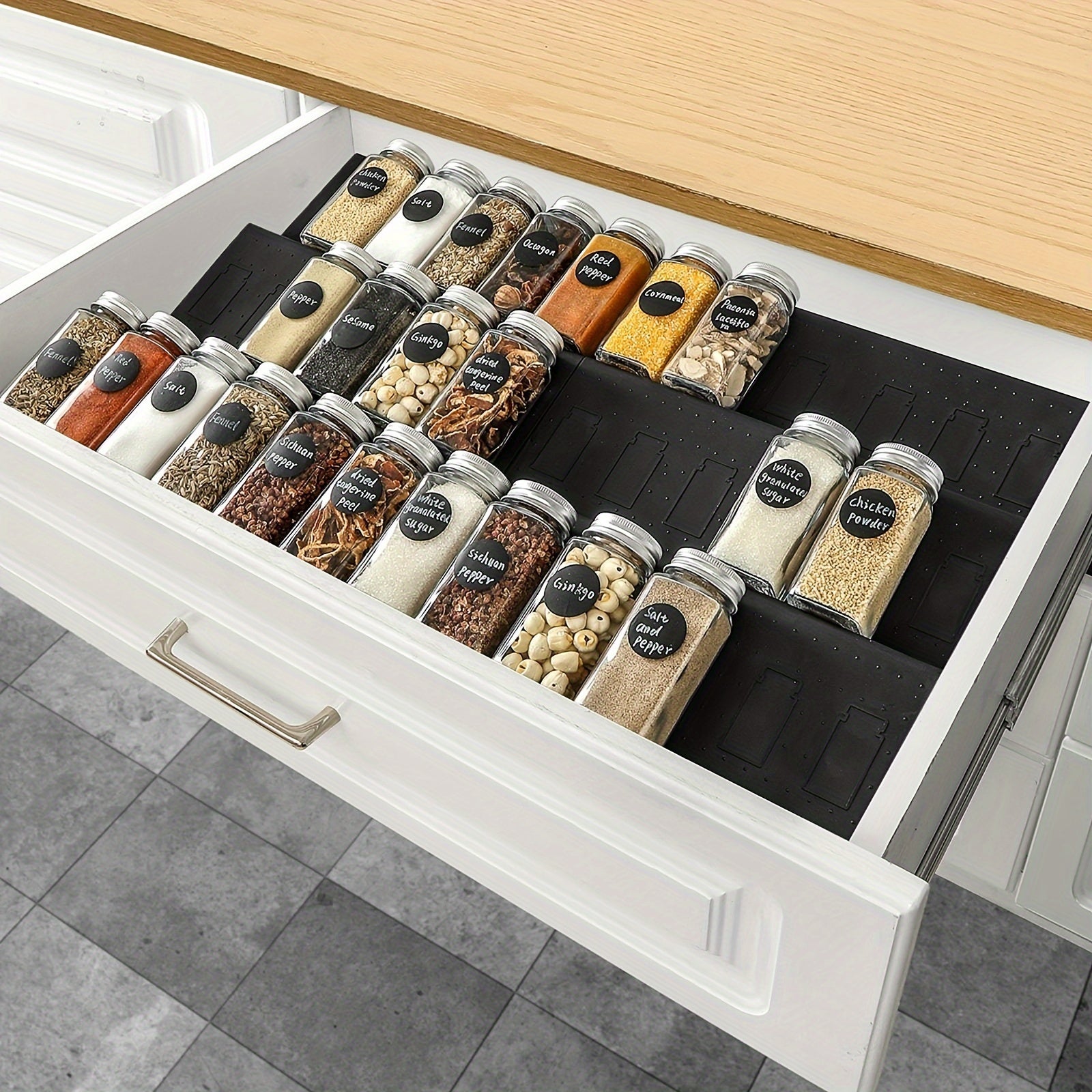 Cajón organizador de especias de 6 piezas, el cajón de almacenamiento de especias se puede extender de 29.5 cm a 59 cm, el cajón inserto para especias tiene una textura mate y el organizador de especias tiene pomos antideslizantes