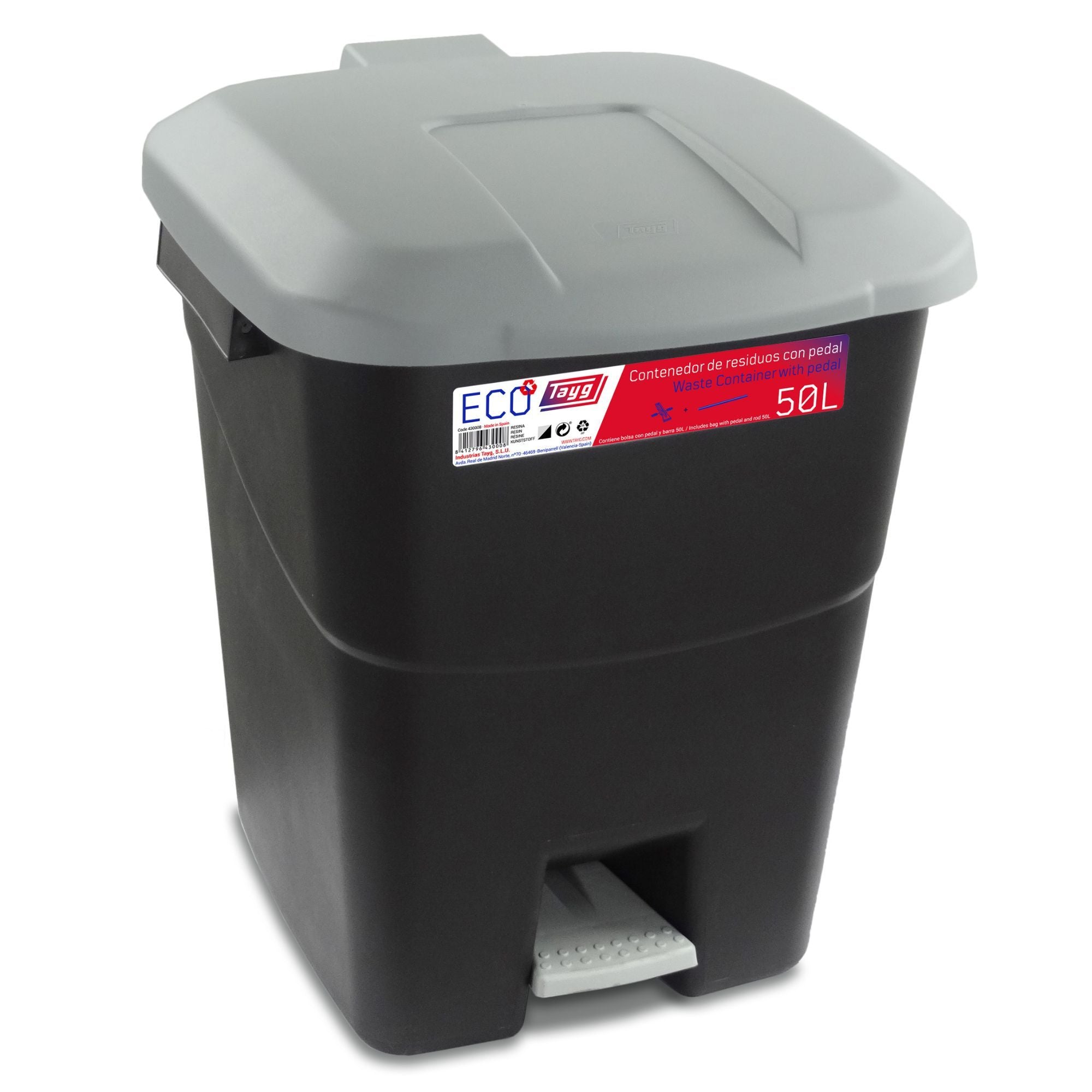 Tayg Cubo de Basura Con Pedal 50 L, Varios Colores – Cubo de Basura Resistente, Facil Limpieza, Capacidad Amplia, Uso de Contenedor para Basura Cocina o Exteriores. 400 x 430 x 509 mm.
