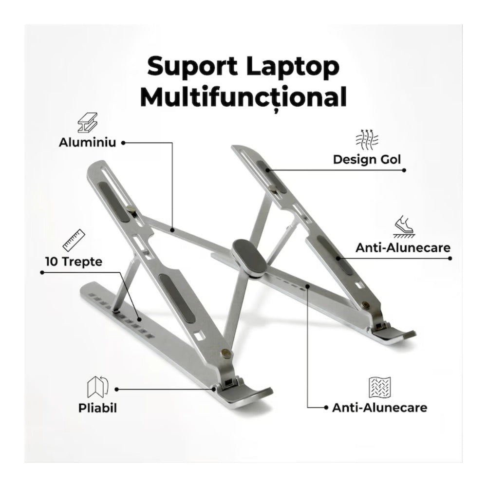 Soporte Portátil Mesa 6 Ángulos Ajustables, Aleación de Aluminio, Soporte Ordenador Portatil Ventilado Plegable para 10-15.6” Portátiles y Tableta - Plata
