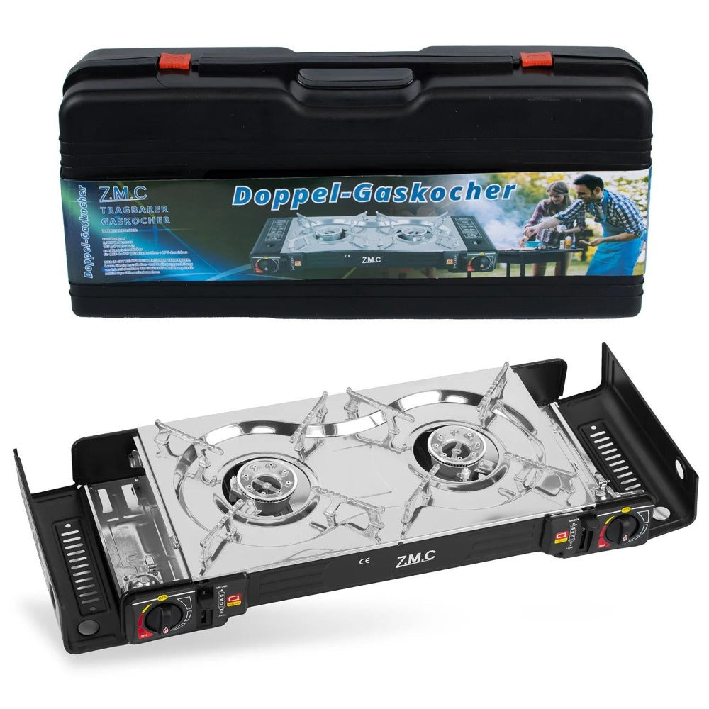 Estufa de Gas para Camping ZMC de 2 Quemadores con Adaptador LPG y Estuche de Almacenamiento – Estufa de Gas Doble con Potencia de 2.5 kW, Encendido Piezoeléctrico, Compatible con Cilindros de Gas Butano de 227g y Botellas de Gas LPG – Estufa de Gas Portá