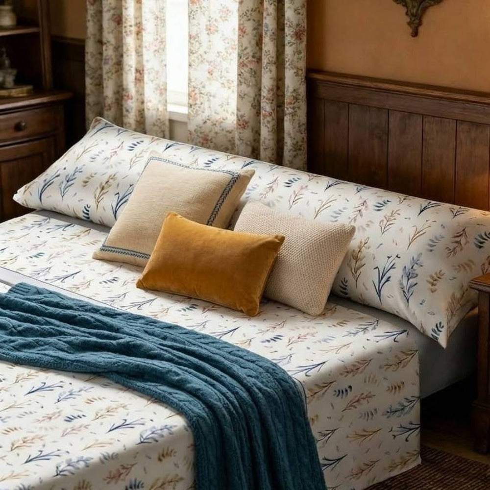 Juego de cama de tres piezas apto para todas las estaciones, que incluye una sábana, una sábana ajustable y fundas de almohada. Medidas: 90 cm, 105 cm, 135 cm, 150 cm y 180 cm.
