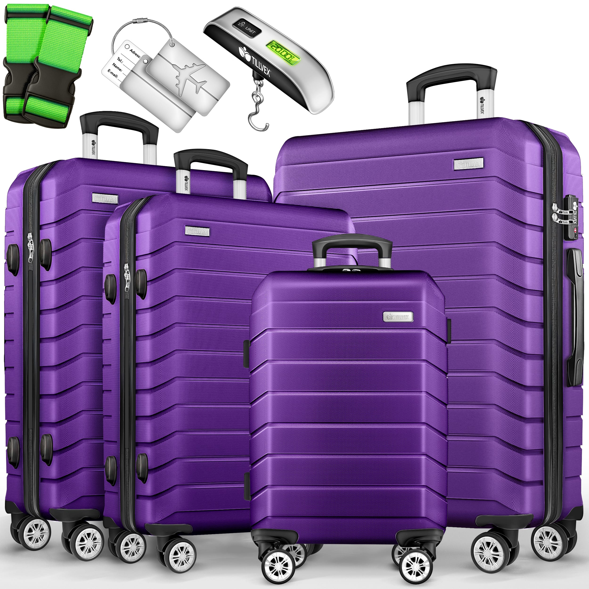 Tillvex® Juego de Equipaje de Viaje con Báscula, Correas y Etiquetas | Maleta de 4 Ruedas | Equipaje con Candado TSA | Juego de Maletas de Carcasa Dura