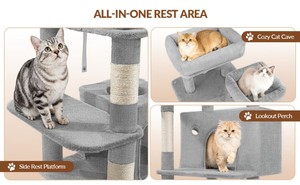 Fobyfurny Árbol para Gatos, Torre de 178cm para Gatos de Interior, Marco de Escalada para Gatos de Múltiples Niveles con Postes Rascadores, Tabla Rascadora, 2 Condominios Cómodos, 2 Perchas, Pompones, Lugar de Descanso