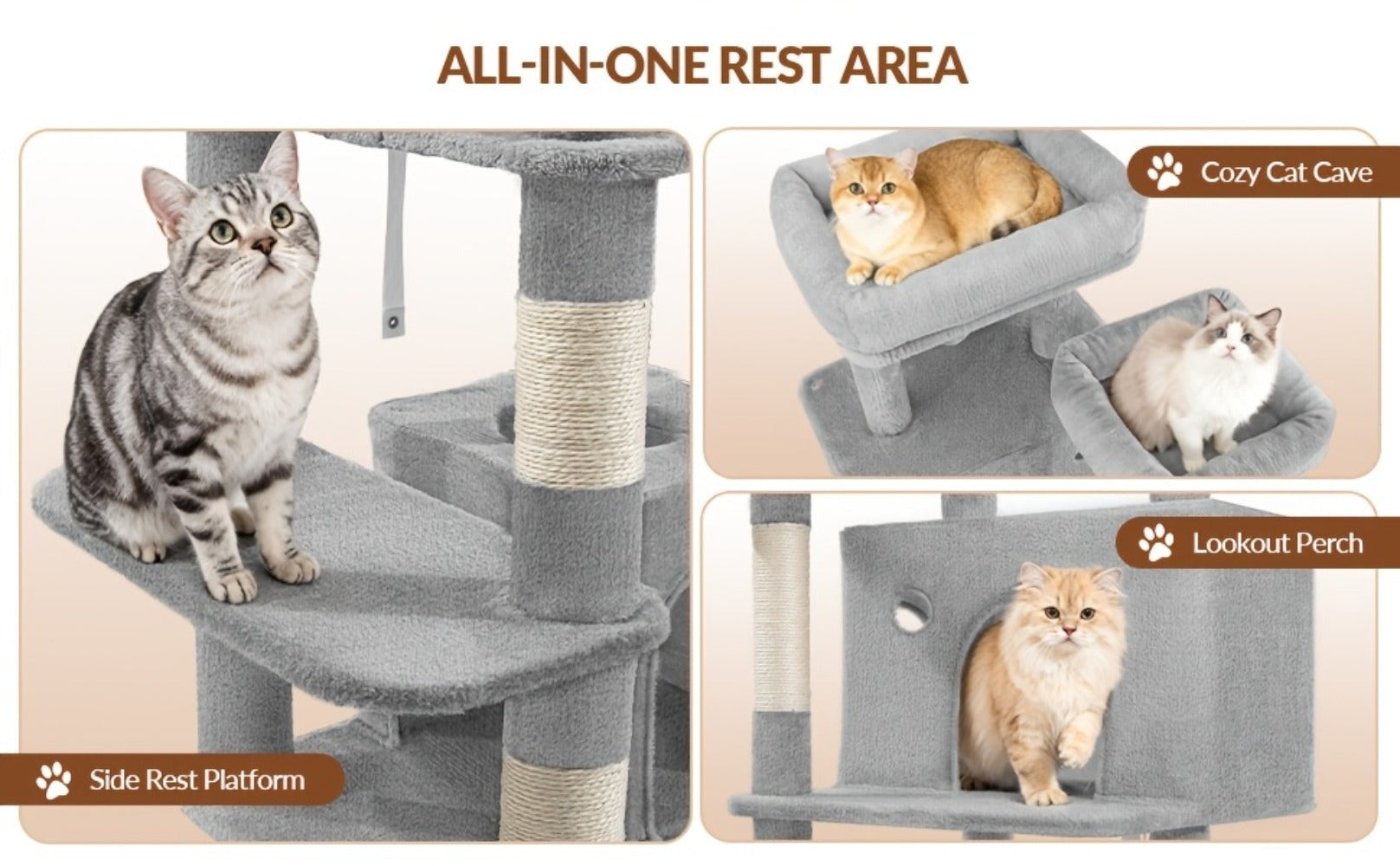 Fobyfurny Árbol para Gatos, Torre de 178cm para Gatos de Interior, Marco de Escalada para Gatos de Múltiples Niveles con Postes Rascadores, Tabla Rascadora, 2 Condominios Cómodos, 2 Perchas, Pompones, Lugar de Descanso