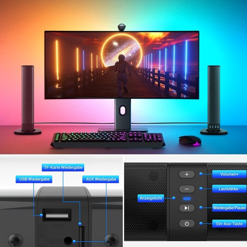 Barra de Sonido Estéreo para Smart TVs, Subwoofer sin varillas 2 en 1, Sistemas de Cine en Casa, Mejora de Graves, Conectividad Inalámbrica, TF, AUX, FM, RCA, TWS, Batería Recargable Integrada de 2000mAh, Compatible con Reproductor de DVD, TV, Computadora