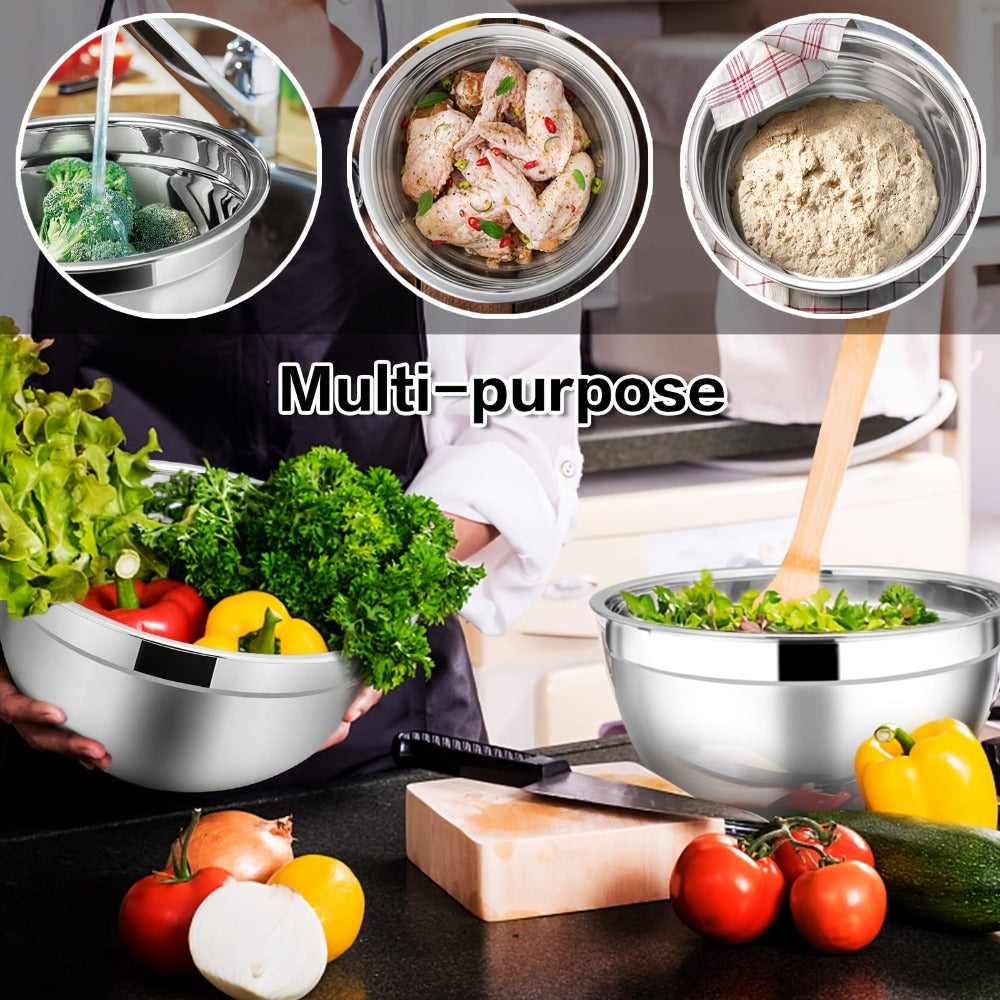 Juego de 7 piezas de ensaladeras prémium de acero inoxidable con tapas, juego de ensaladeras apilables, cuencos duraderos y gruesos, aptos para ensaladas, aptos para lavavajillas y microondas, ideal para Navidad, Hanukkah, Pascua, Acción de Gracias, almac