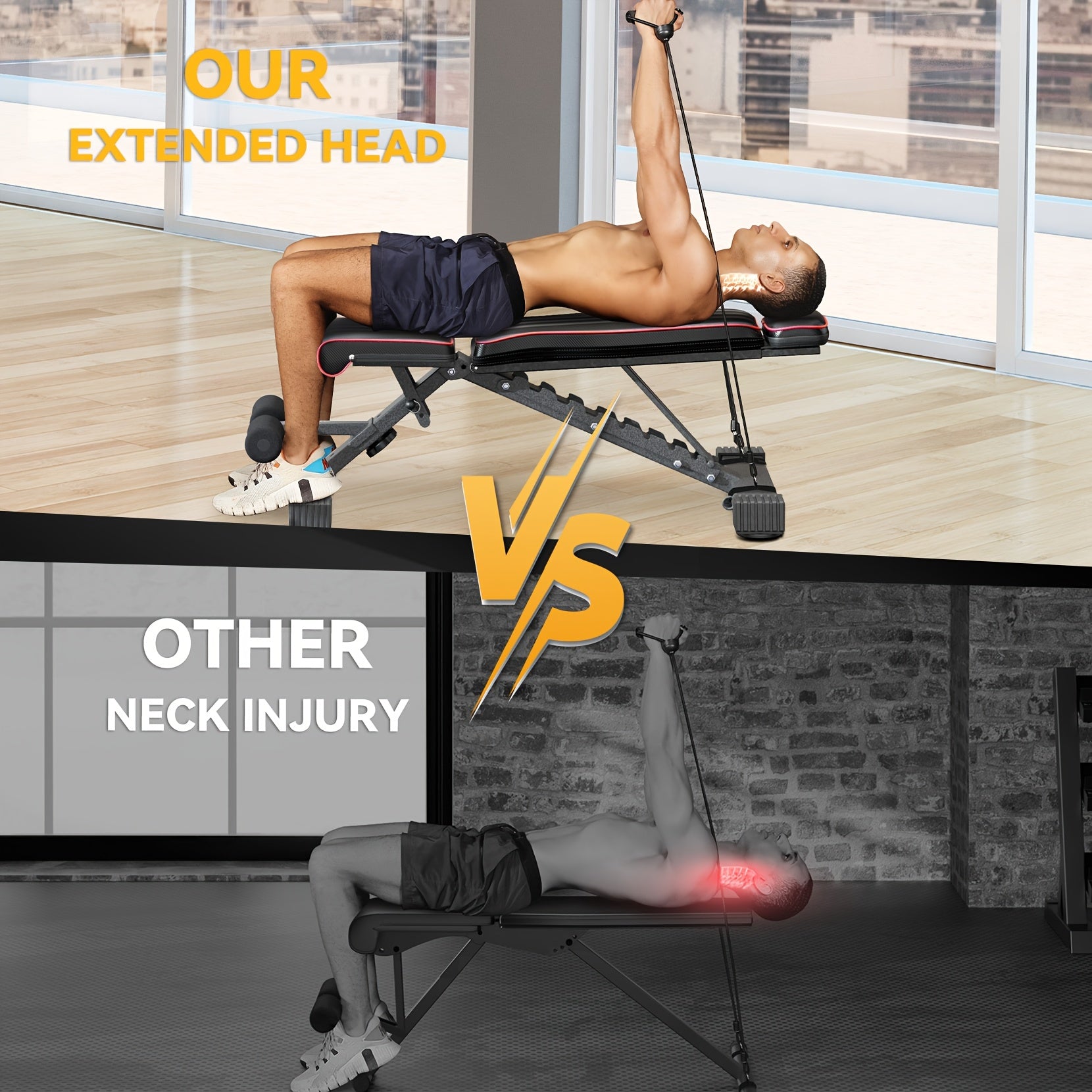 Banco de pesas versátil, banco de ejercicios plegable con una capacidad de carga de 299.37 KG, soporte mejorado para cabeza, cuello y columna vertebral, posiciones de inclinación, declinación y plana ajustables para entrenamiento de fuerza en el gimnasio