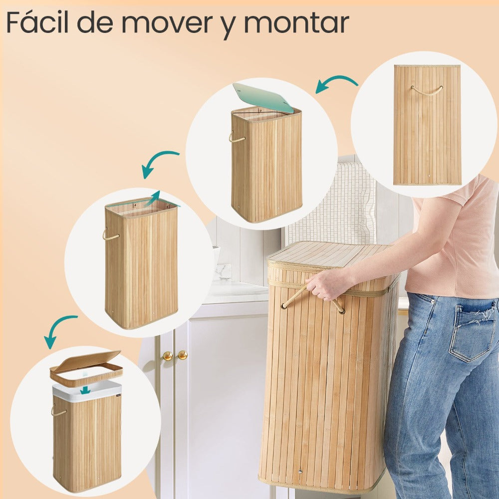 Cesto Ropa Sucia con Tapa, Cesta Ropa Sucia de Bambú, Bolsa Interior Extraíble y Lavable a Máquina, con Asas, 72 L, para Lavandería, Dormitorio, Sala de Estar