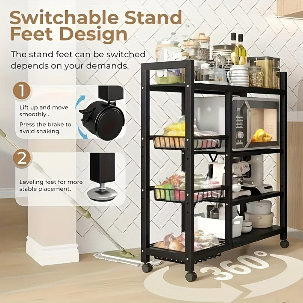 1pc Estante Rodante Ajustable de 4 Niveles con 3 Cestas de Alambre y Estructura Independiente - Unidad de Almacenamiento Móvil Ideal para Garaje, Despensa, Baño, Organizador de Armario, Ahorro de Espacio, Regalo para Hogar Nuevo, Estructura de Metal Pinta