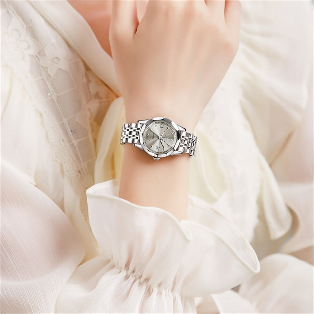 OLEVS Reloj de Pulsera Casual para Mujer Clásico Elegante con Diamantes de Imitación, Esfera Pequeña Analógica de Cuarzo, Reloj de Vestir de Lujo para Damas con Correa de Acero Inoxidable Luminosa con Calendario y Fecha, Regalos de Navidad para Ella Reloj