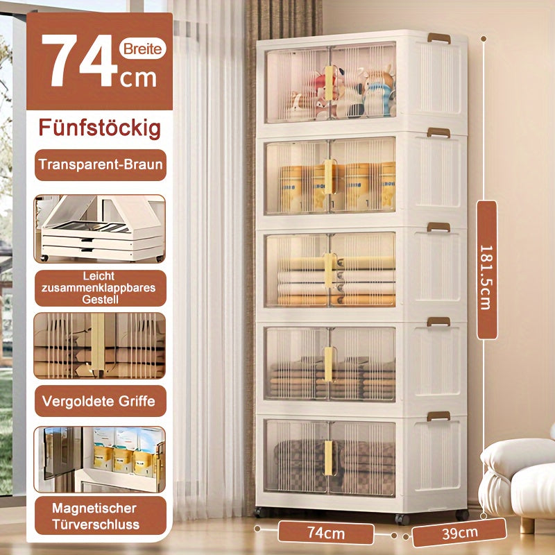 Armario de almacenamiento plegable extragrande de 74 cm, organizador apilable de 3/4/5 niveles con ruedas, puertas transparentes, manijas en tono dorado y cierre magnético para el hogar, oficina, cocina, baño y despensa