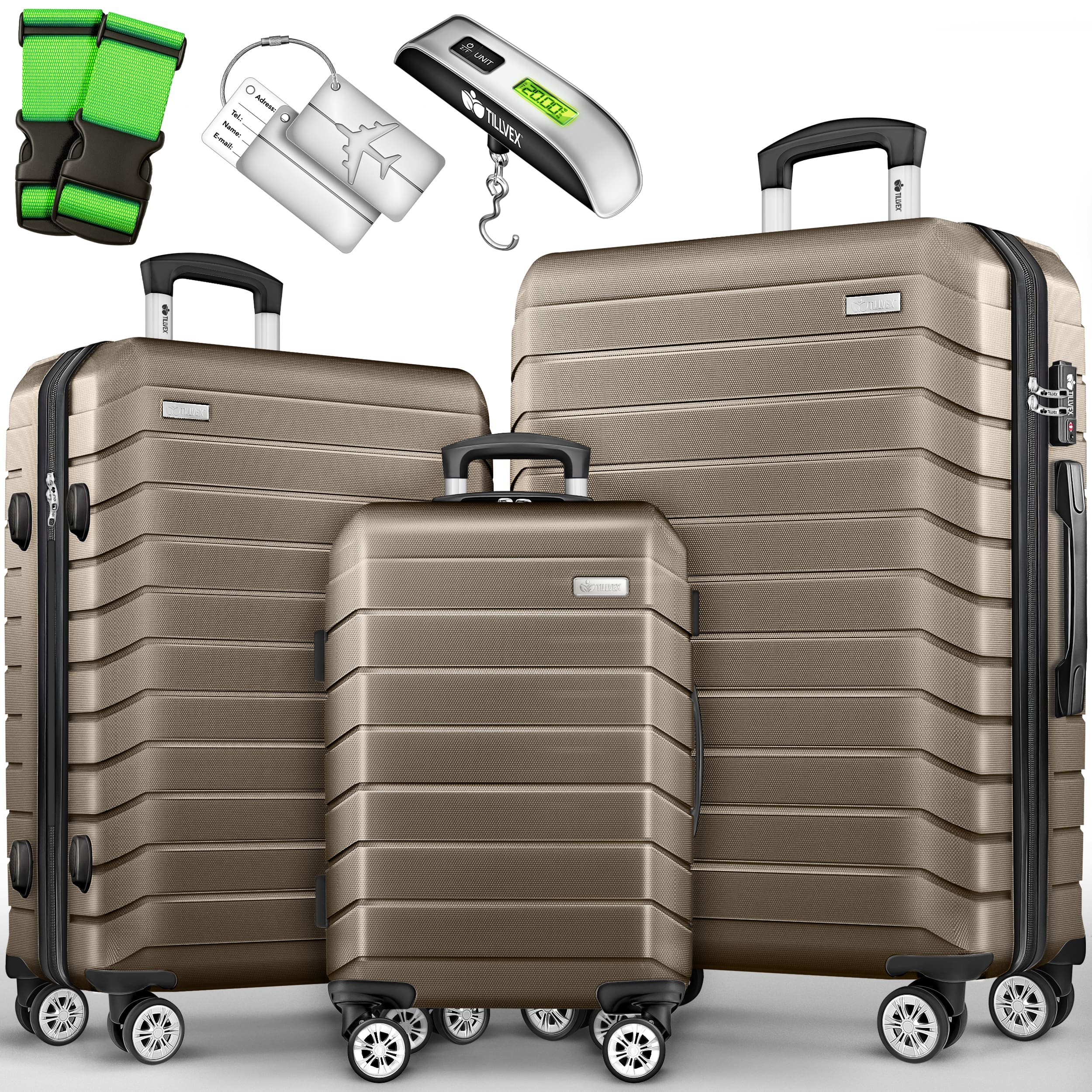 Tillvex® Juego de Equipaje de Viaje con Báscula, Correas y Etiquetas | Maleta de 4 Ruedas | Equipaje con Candado TSA | Juego de Maletas de Carcasa Dura