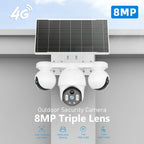 Cámara de seguridad solar solar exterior de 8MP con triple lente y triple vista 4G, videovigilancia, rotación panorámica-inclinable PTZ 360°, seguimiento de movimiento, detección humana PIR, audio bidireccional, visión nocturna a todo color, notificacione