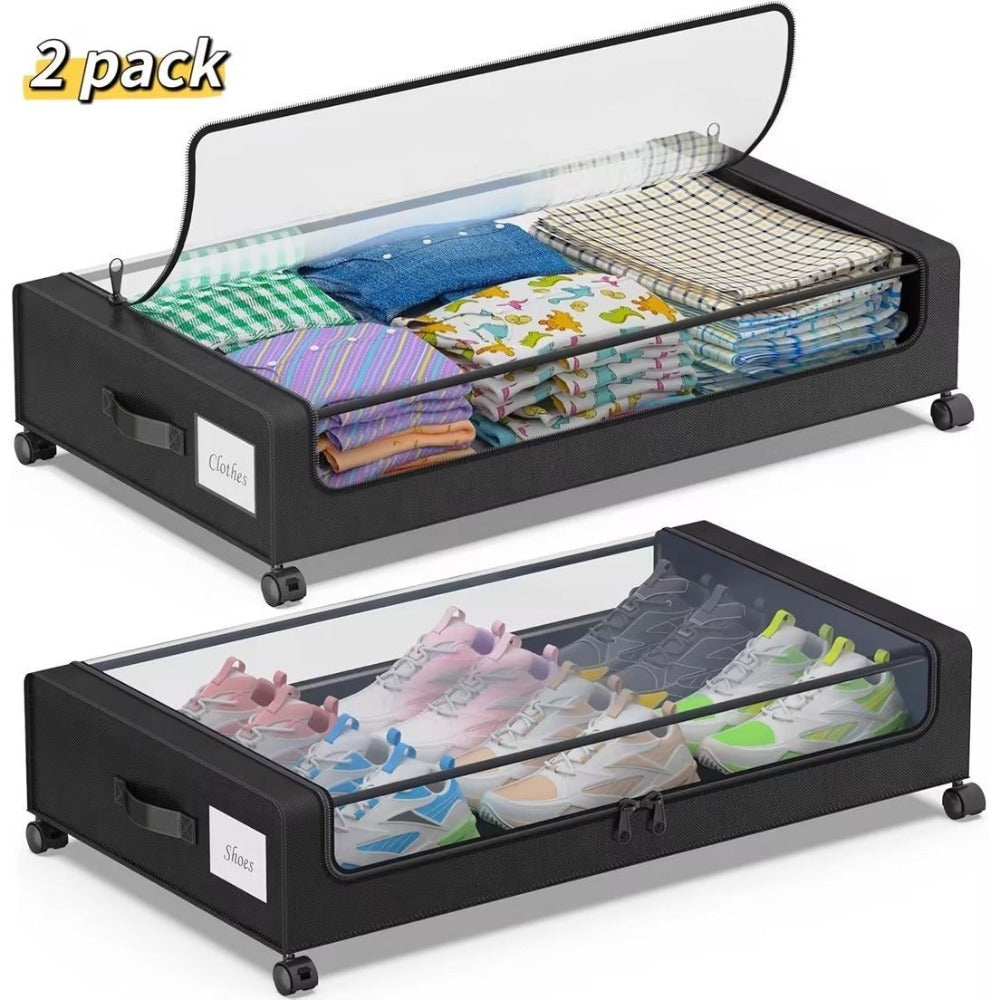 Paquete de 2 cajas de almacenamiento para debajo de la cama con ruedas, organizadores de fábrica Oxford para ropa, cajones de metal con tapa transparente, zapatos, caja de almacenamiento rodante multiusos con ventana transparente