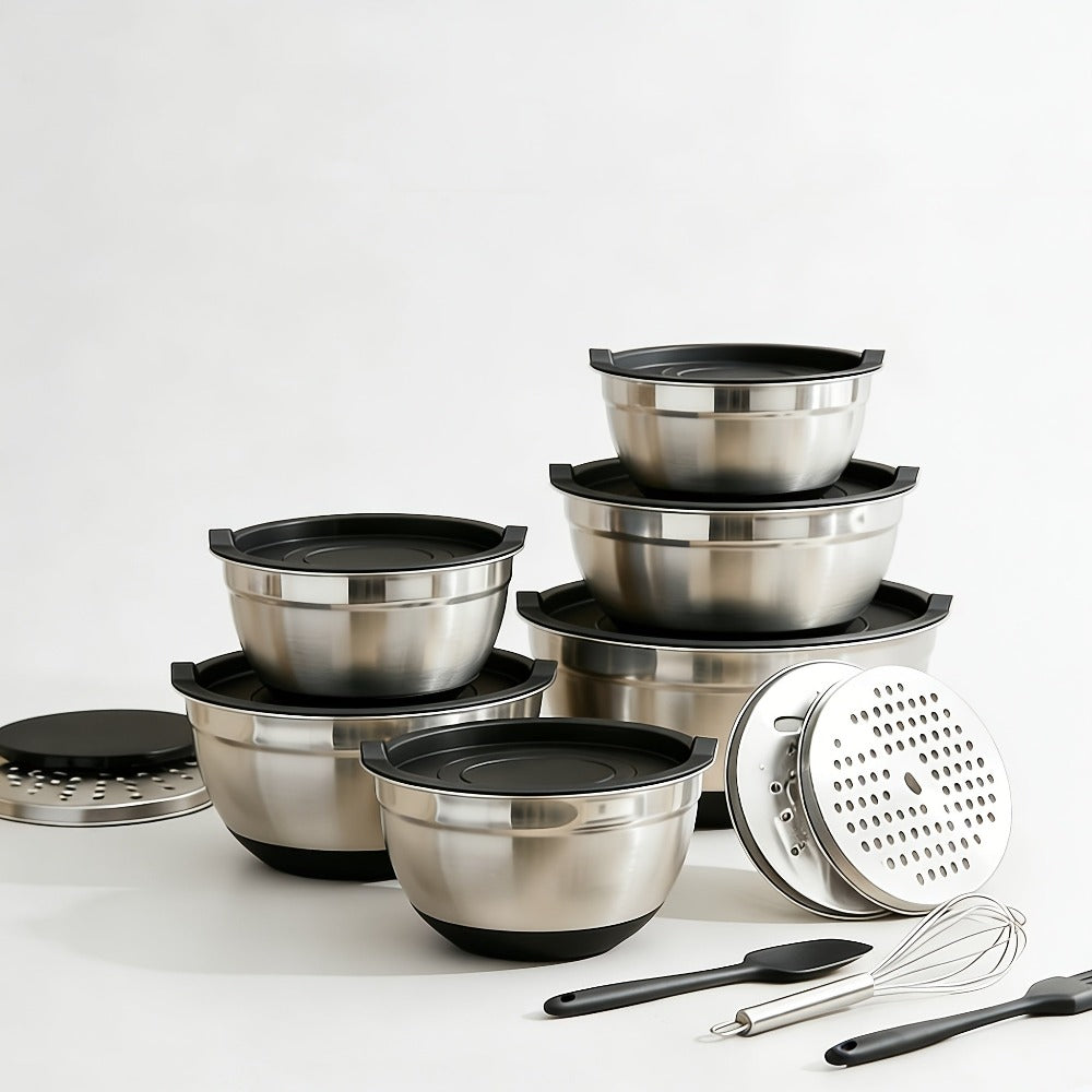 26 tazones para ensalada con tapas, 6 tazones mezcladores de acero inoxidable, 3 accesorios de cuchillo mezclador, 17 herramientas de cocina prácticas, antideslizantes, gadgets de cocina resistentes al óxido para ensaladas y más