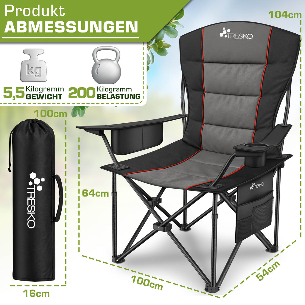 TRESKO® Silla de Camping Plegable hasta 200Kg | Silla Plegable con Bolsa Nevera, Portavasos y Bolsillo Lateral | Silla XXL Plegable Incluye Bolsa de Transporte | Silla de Pesca Acolchada para Exterior, Pesca, Festival y Jardín