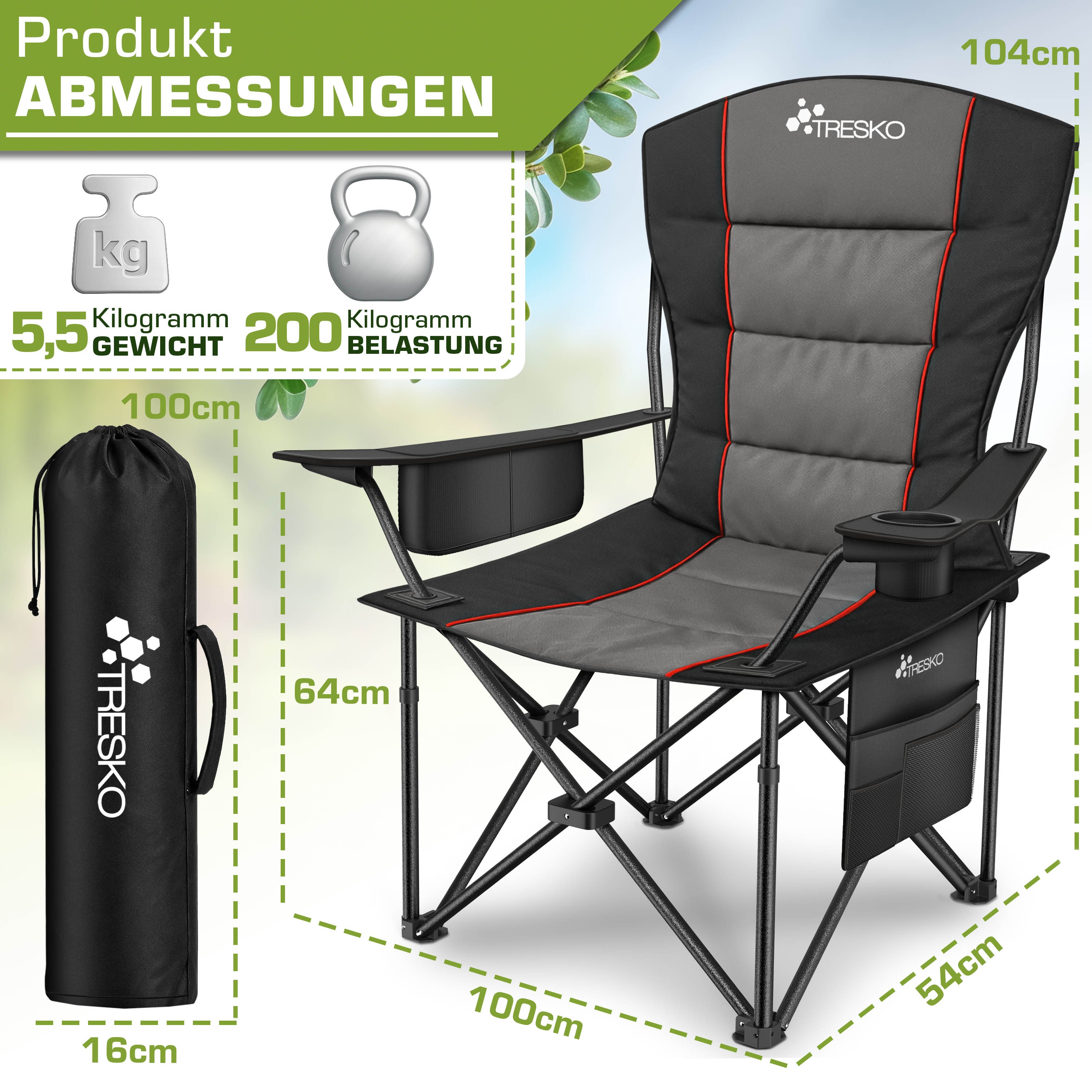 TRESKO® Silla de Camping Plegable hasta 200Kg | Silla Plegable con Bolsa Nevera, Portavasos y Bolsillo Lateral | Silla XXL Plegable Incluye Bolsa de Transporte | Silla de Pesca Acolchada para Exterior, Pesca, Festival y Jardín