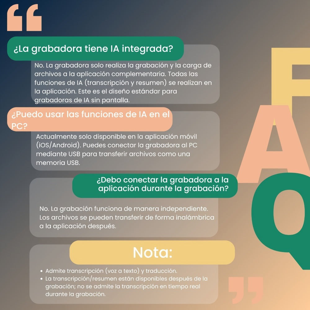Grabadora de Voz con APP para Transcripción AI, Resumen GPT-4o, Traducción, Mapeado Mental, 64GB de Almacenamiento y Diseño Magnético, Ideal para Llamadas, Clases y Reuniones, por FoCase Rec
