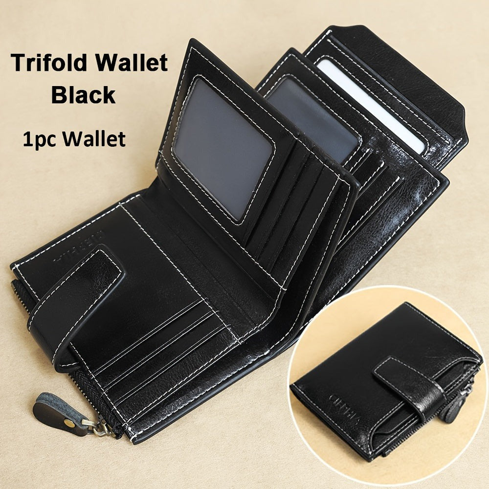 Monedero Ciephia de Cuero Genuino con Bloqueo RFID - Rojo Compacto con Detalles Dorados, 14 Ranuras para Tarjetas, Ventana Extraíble para DNI y Bolsillo con Cremallera para Monedas, Regalo Casual para San Valentín o el Día de la Madre, Apto para Hombres y