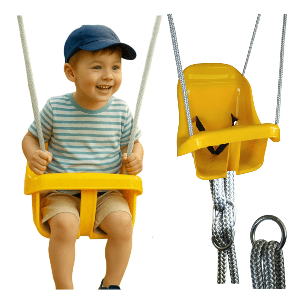 Colgacama tipo cubo para niños con cinturón de seguridad y cuerdas ajustables, asiento con respaldo alto y protección lateral, polipropileno duradero resistente a las condiciones climáticas y radiación UV, colgacama fácil de limpiar para el jardín, terraz