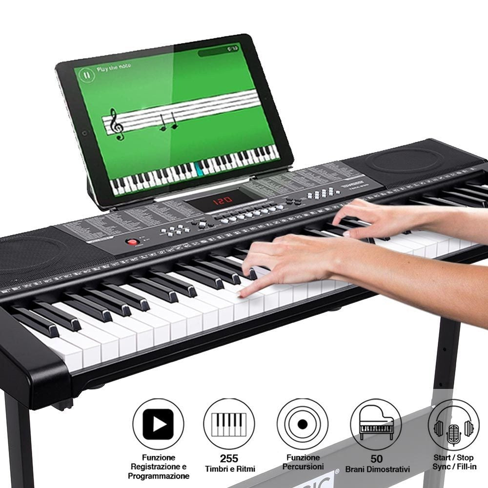 Teclado de piano electrónico BAKAJI, 61 teclas, piano digital multifuncional con atril, banqueta, auriculares, 255 ritmos, entrada USB/AUX
