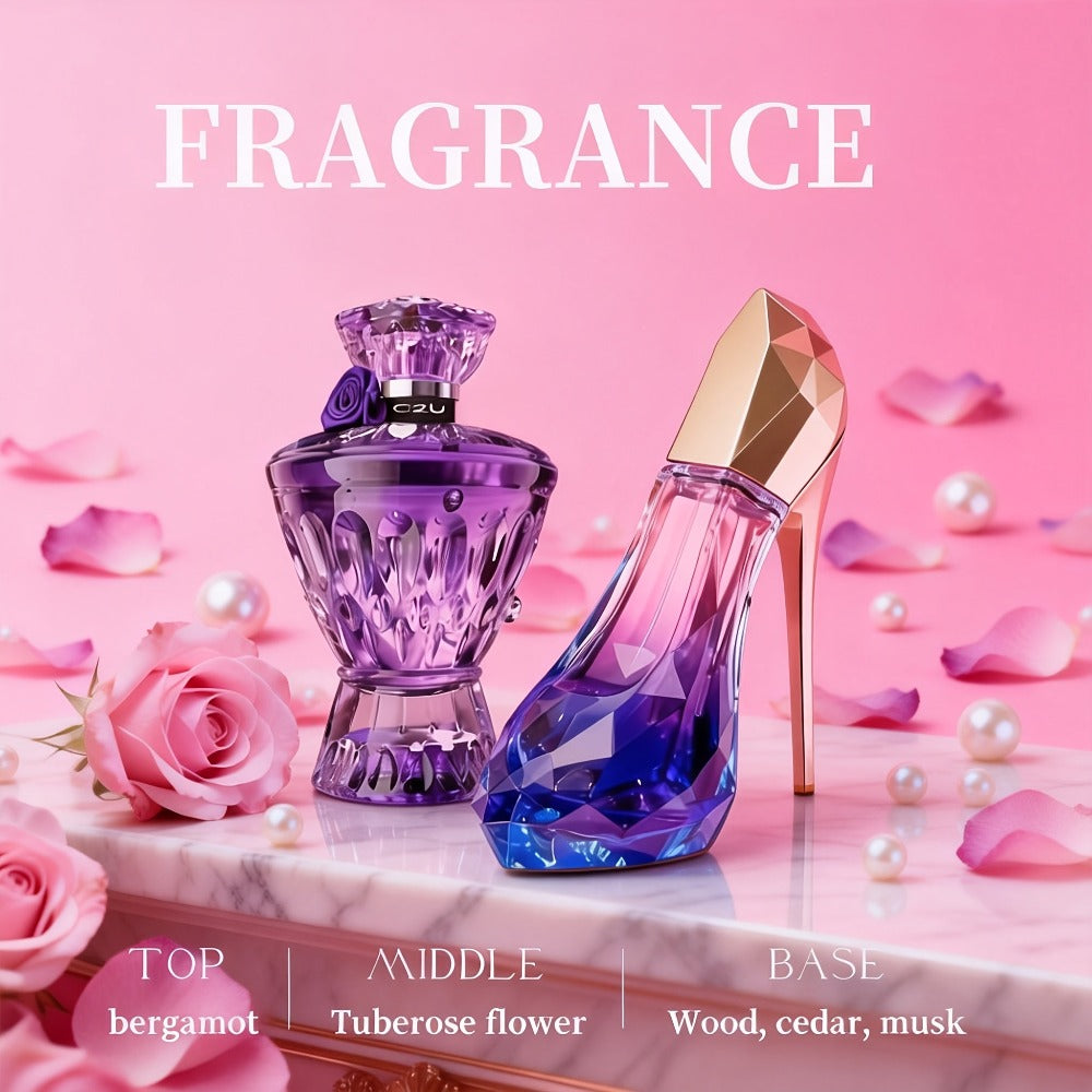 2 Piezas Set de Perfume con Tacón Alto Morado y Piedra Preciosa Morada (30+75ml) Gran Capacidad, Fragancia Duradera | Notas de Bergamota, Tuberosa y Madera | Regalo Perfecto para Fiestas y Uso Personal