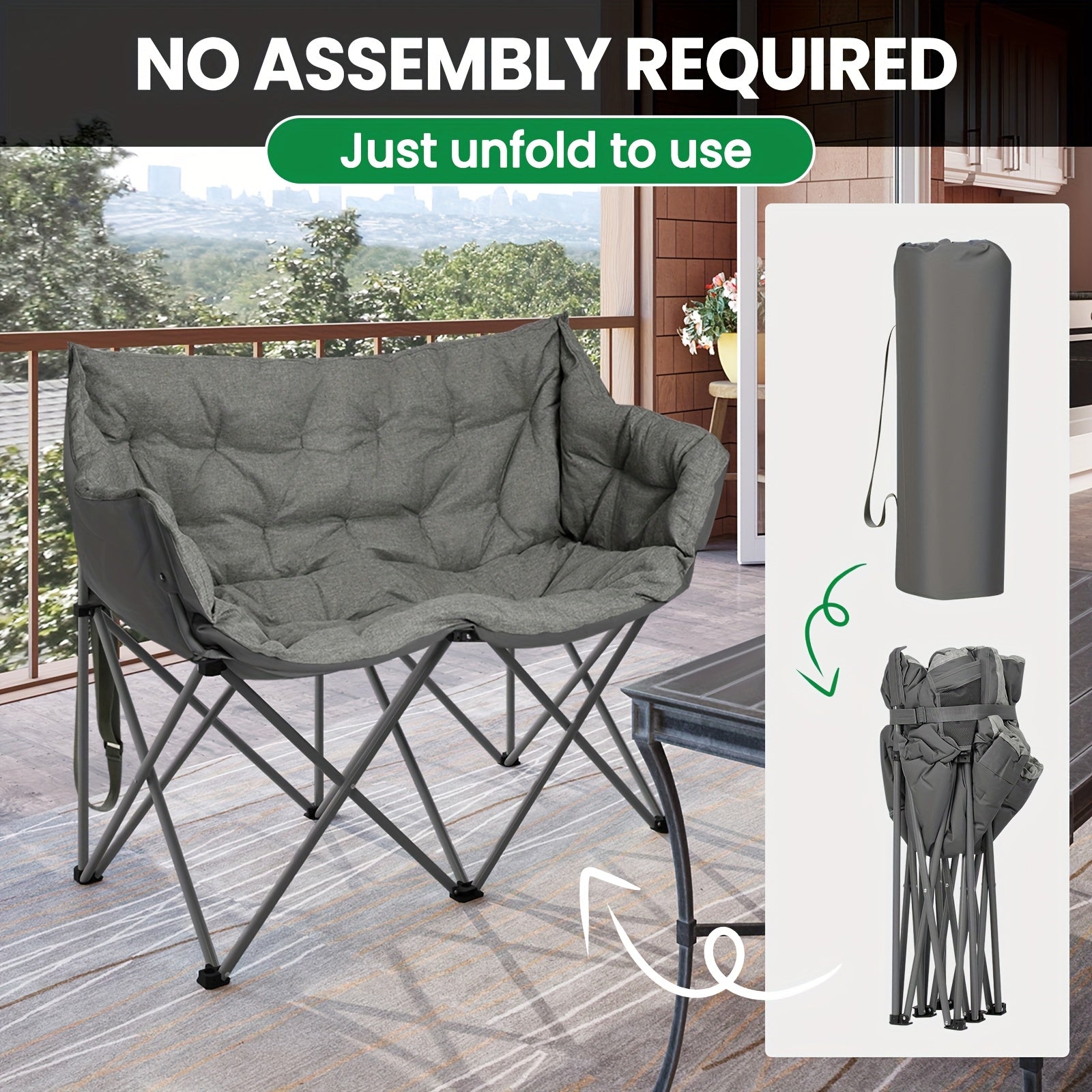 Silla de camping plegable doble con almohadilla suave y espesa, silla de descanso de alta carga para patio y balcón, silla de ocio de gran carga de 220 kg, portátil, adecuada para camping en patio, camping, piscina al aire libre.