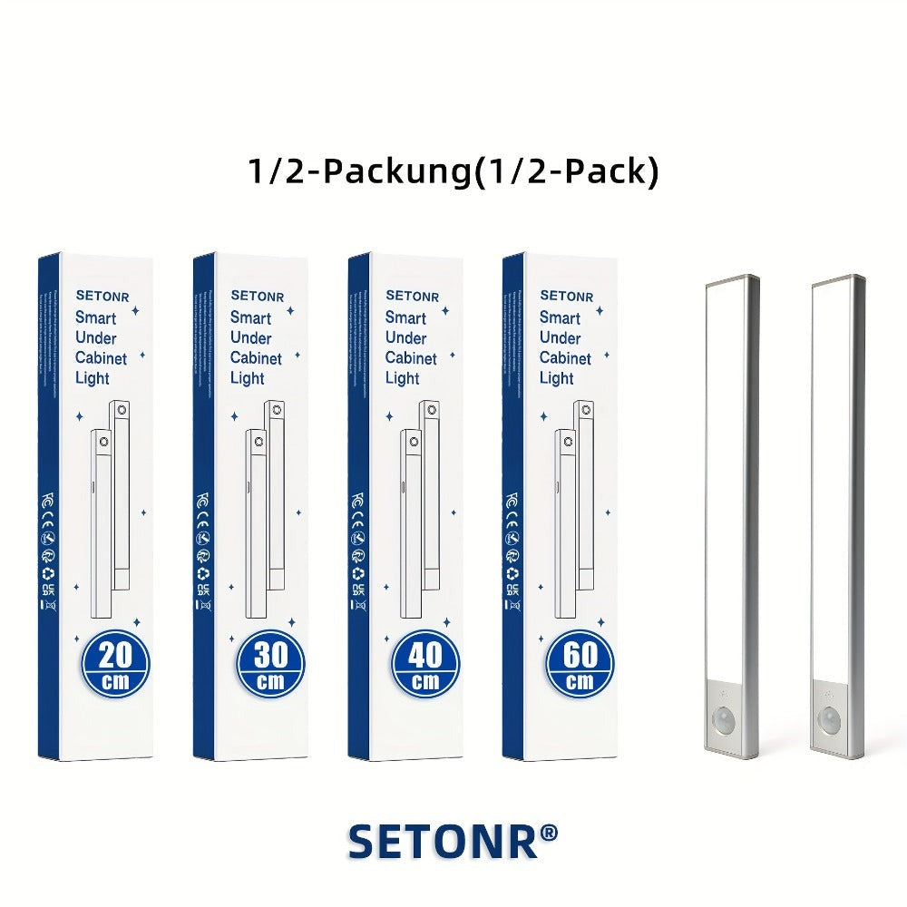 Luces LED para bajo mueble Setonr con carcasa de aleación de aluminio, luz con sensor de movimiento a pilas recargables para uso en interiores, luces magnéticas regulables para armario, iluminación inalámbrica para bajo mostrador para cocina, escaleras, d