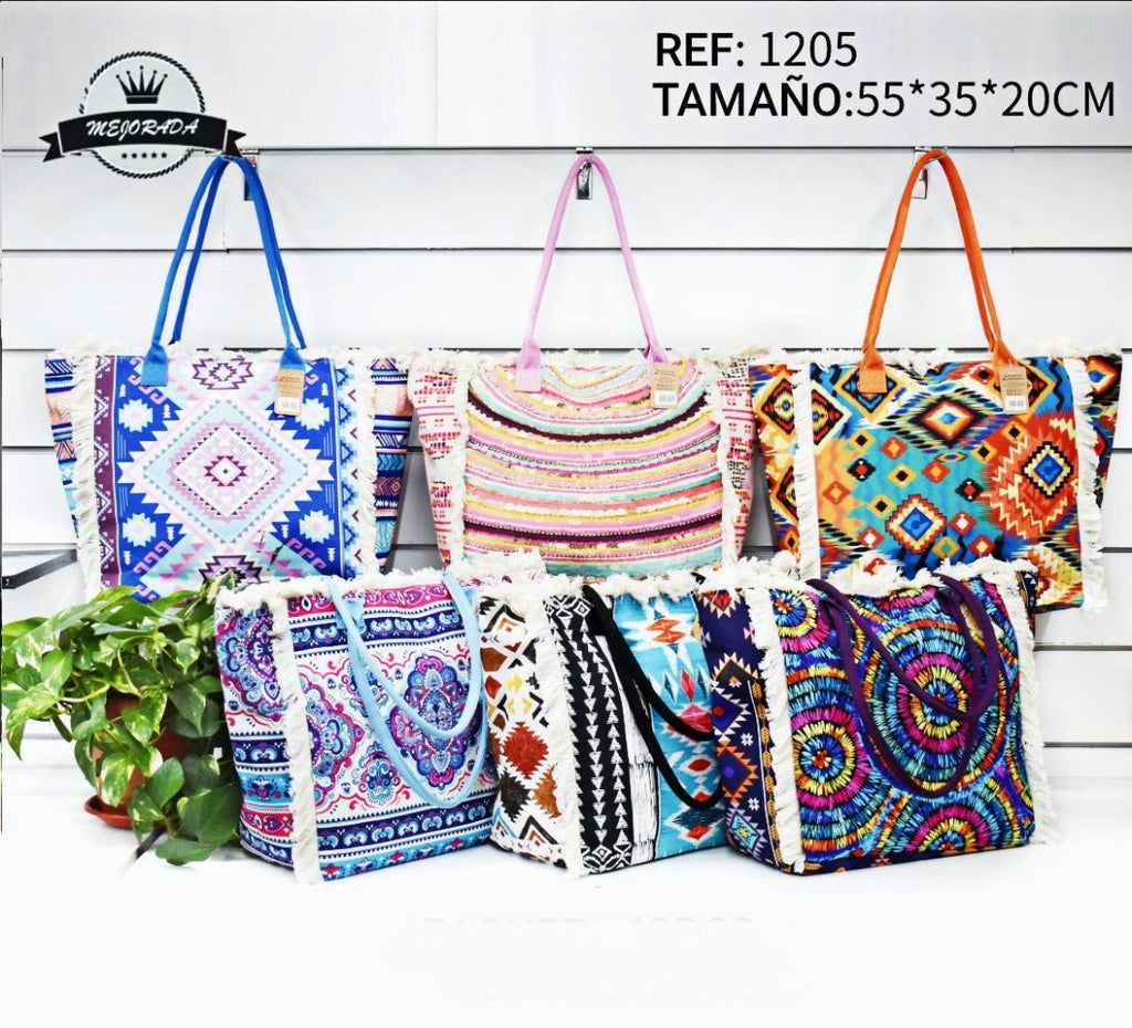MEJORADA Bolso de playa grande con estampado bohemio, ideal para verano, con flecos de algodón, forro interior y bolsillos, 55×37×19 CM, tejido 100% poliéster