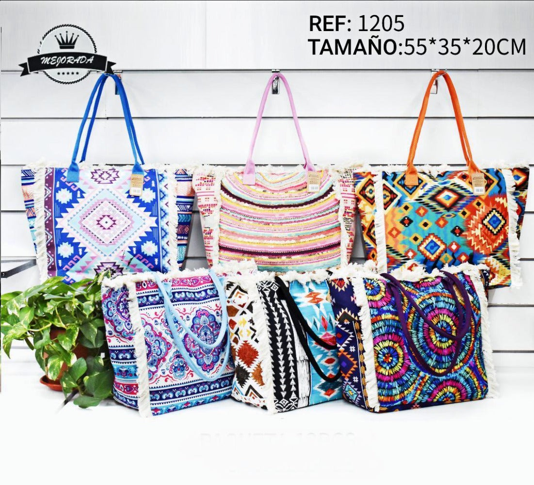MEJORADA Bolso de playa grande con estampado bohemio, ideal para verano, con flecos de algodón, forro interior y bolsillos, 55×37×19 CM, tejido 100% poliéster