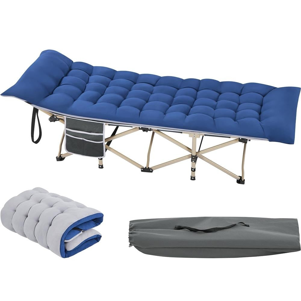 Cama de camping plegable con colchón, tumbona de jardín, cama de invitados con bolsillo lateral y bolsa de transporte para vacaciones en el jardín, oficina, interior y exterior.