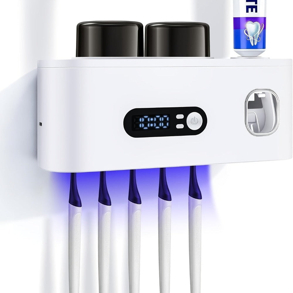 Portacepillos de dientes inteligente de pared automático y dispensador de pasta de dientes con UVC, una operación, panel de visualización, apto para baño, sistema de secado higiénico, ahorra espacio para baños pequeños, exprimidor automático de pasta de d