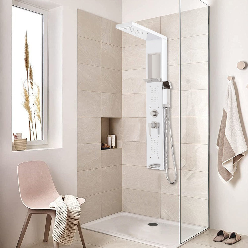 Panel de ducha con accesorios, sistema de ducha 5 en 1 con estante incorporado, juego de ducha multifuncional que incluye ducha de mano, ducha de masaje, ducha de cascada, accesorio de ducha de lluvia, juego de ducha de acero inoxidable 304