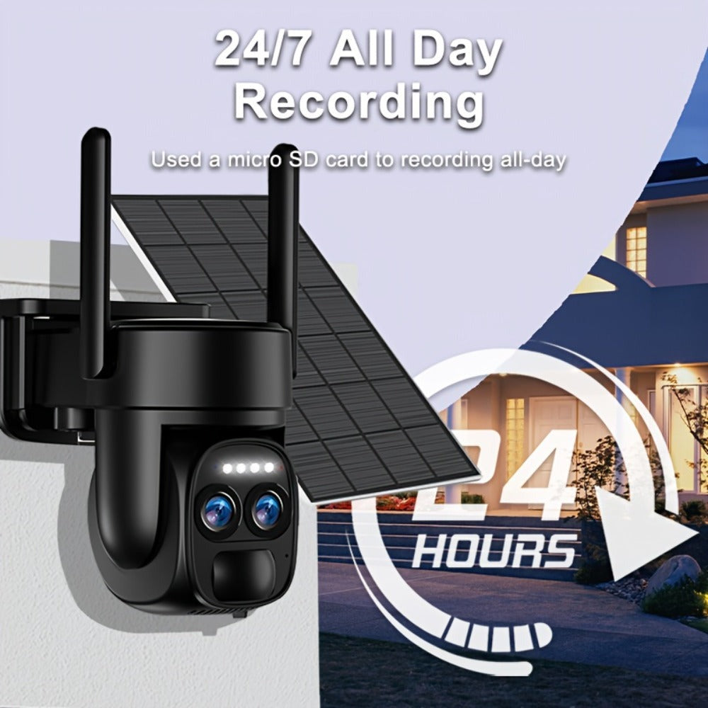 [Zoom 10x] Cámara de seguridad de exterior de 4MP con zoom automático de doble lente, más clara a distancia, cámara de alta definición 2K con panel solar, sistema de monitoreo PTZ de doble lente, foco deportivo WiFi 5G, visión nocturna en color, llamada b