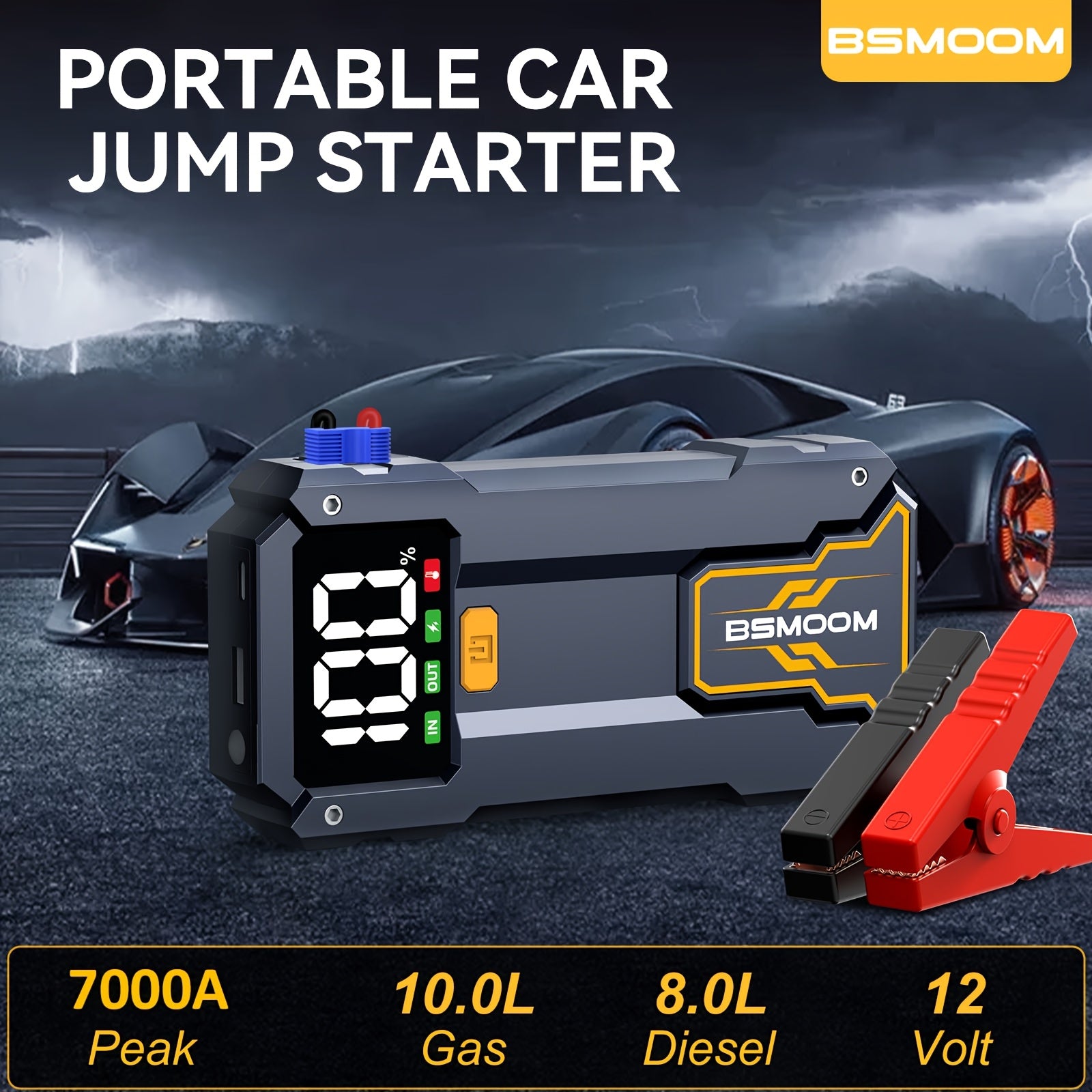 Arrancador de Coche 7000A con Linterna LED, Pantalla LCD Grande, Pack de Refuerzo de Batería de Emergencia para Coche de 12V, Jump Box, Cargador Portátil Power Bank
