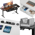 Escritorio de oficina eléctrico ajustable en altura, mesa de PC de oficina para juegos con enchufes incorporados, escritorio ajustable en altura para sentarse o estar de pie con 2 cajones de tela, escritorio grande, función de memoria, 5 tamaños