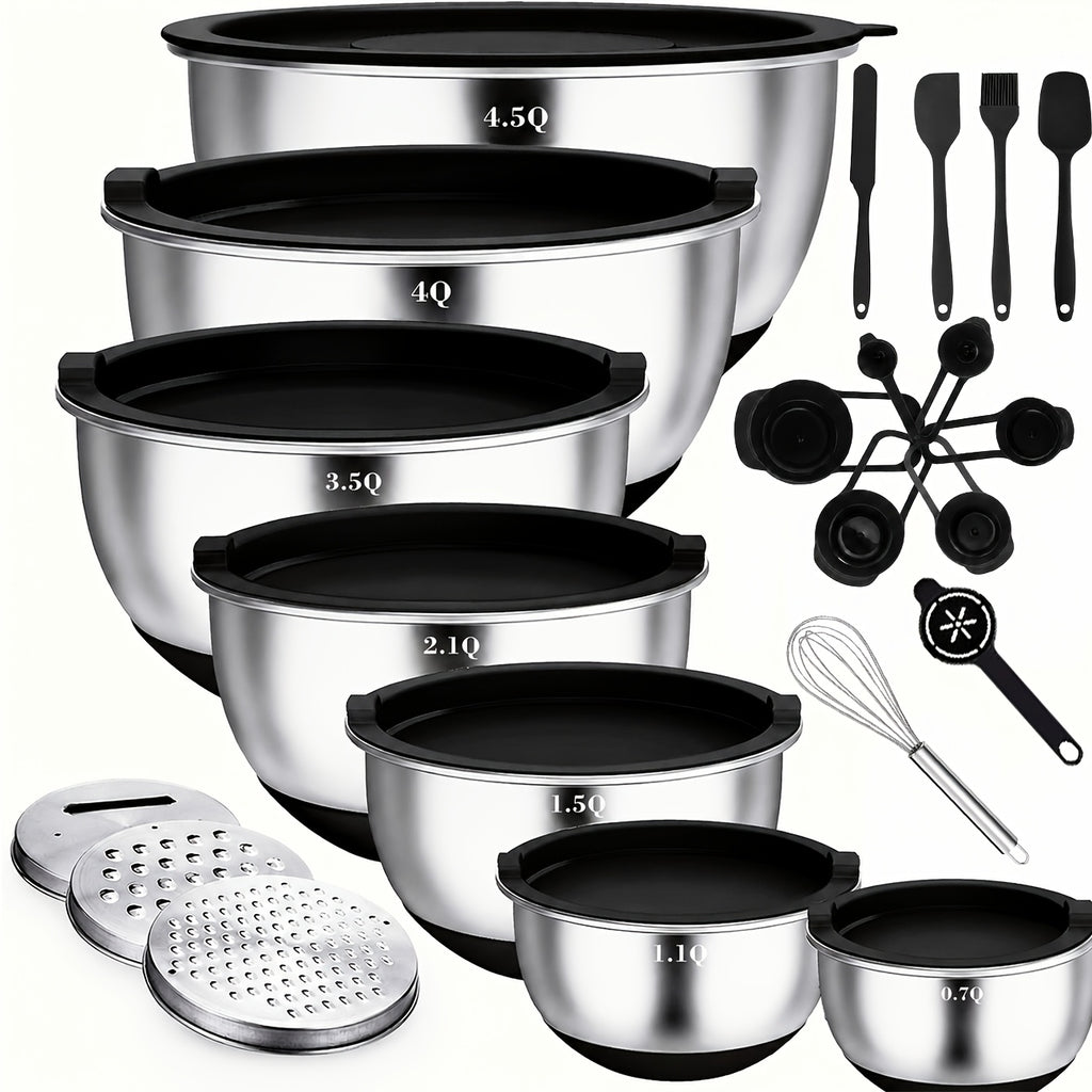 Juego de 21 tazones mezcladores/7 tazones con tapas, tazones para ensalada anidables de acero inoxidable con 3 accesorios de rallador, 7 cucharas medidoras y fondo de silicona antideslizante, tazones de cocina para cocinar, hornear y preparar alimentos, a