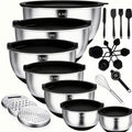 Juego de 21 tazones mezcladores/7 tazones con tapas, tazones para ensalada anidables de acero inoxidable con 3 accesorios de rallador, 7 cucharas medidoras y fondo de silicona antideslizante, tazones de cocina para cocinar, hornear y preparar alimentos, a