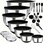 Juego de 21 tazones mezcladores/7 tazones con tapas, tazones para ensalada anidables de acero inoxidable con 3 accesorios de rallador, 7 cucharas medidoras y fondo de silicona antideslizante, tazones de cocina para cocinar, hornear y preparar alimentos, a