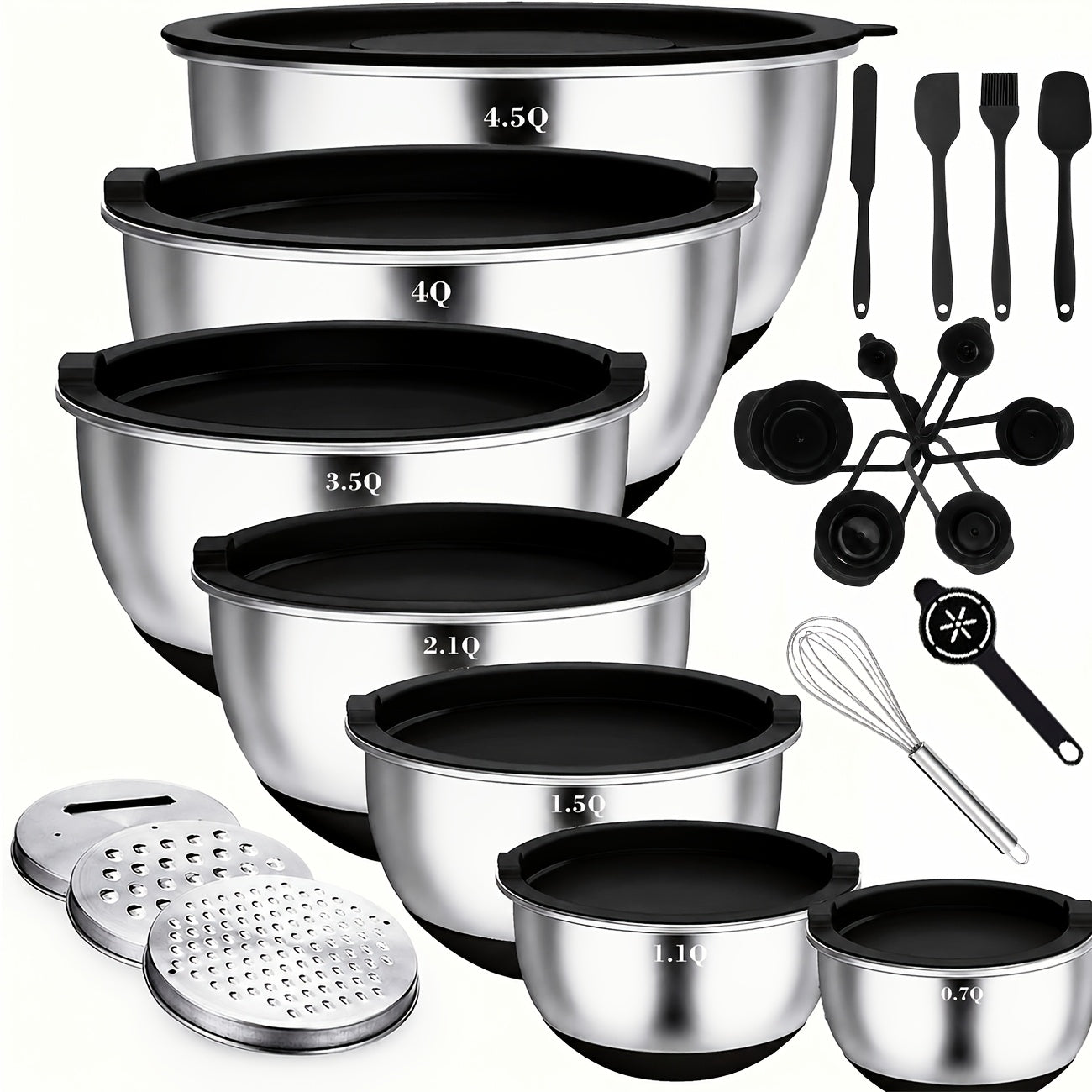 Juego de 21 tazones mezcladores/7 tazones con tapas, tazones para ensalada anidables de acero inoxidable con 3 accesorios de rallador, 7 cucharas medidoras y fondo de silicona antideslizante, tazones de cocina para cocinar, hornear y preparar alimentos, a