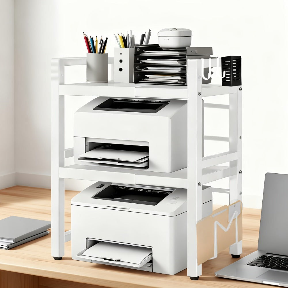 Soporte para impresora de 2/3 niveles - con 3 ganchos, soporte para tabla de cortar y portalápices, diseño expandible, adecuado para el hogar y la oficina, puede contener fotocopiadoras y escáneres (Negro, Blanco)