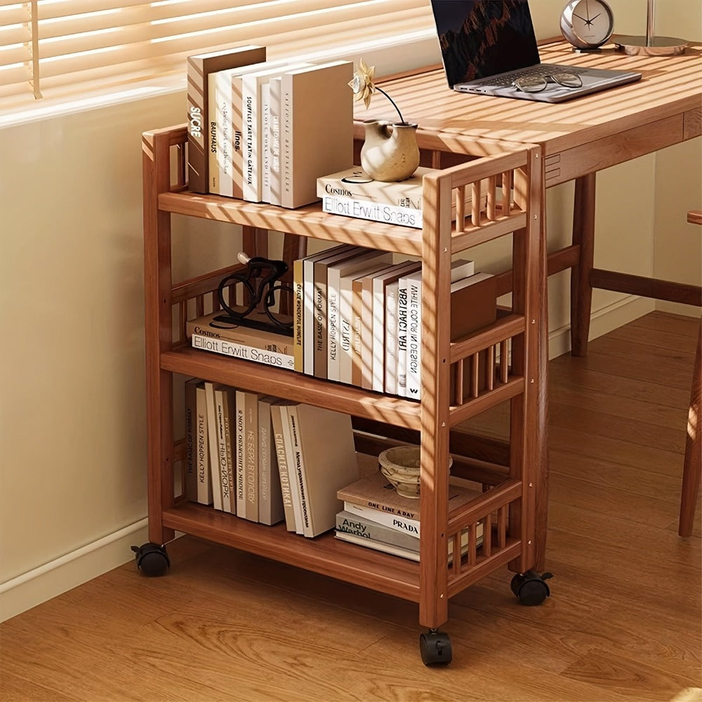 Carrito de madera de tres niveles, estante de almacenamiento con valla, carrito de cocina móvil con ruedas omnidireccionales, fácil de limpiar, adecuado para baños, dormitorios y estantes de sala de estar, estante de pie, estante de pie