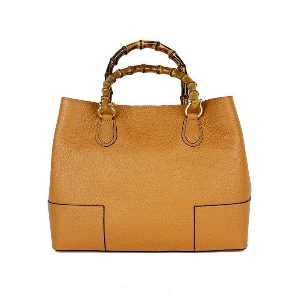Bolso de cuero real con asas de bambú hecho en Italia, bolso de mujer, bolso de bambú de cuero