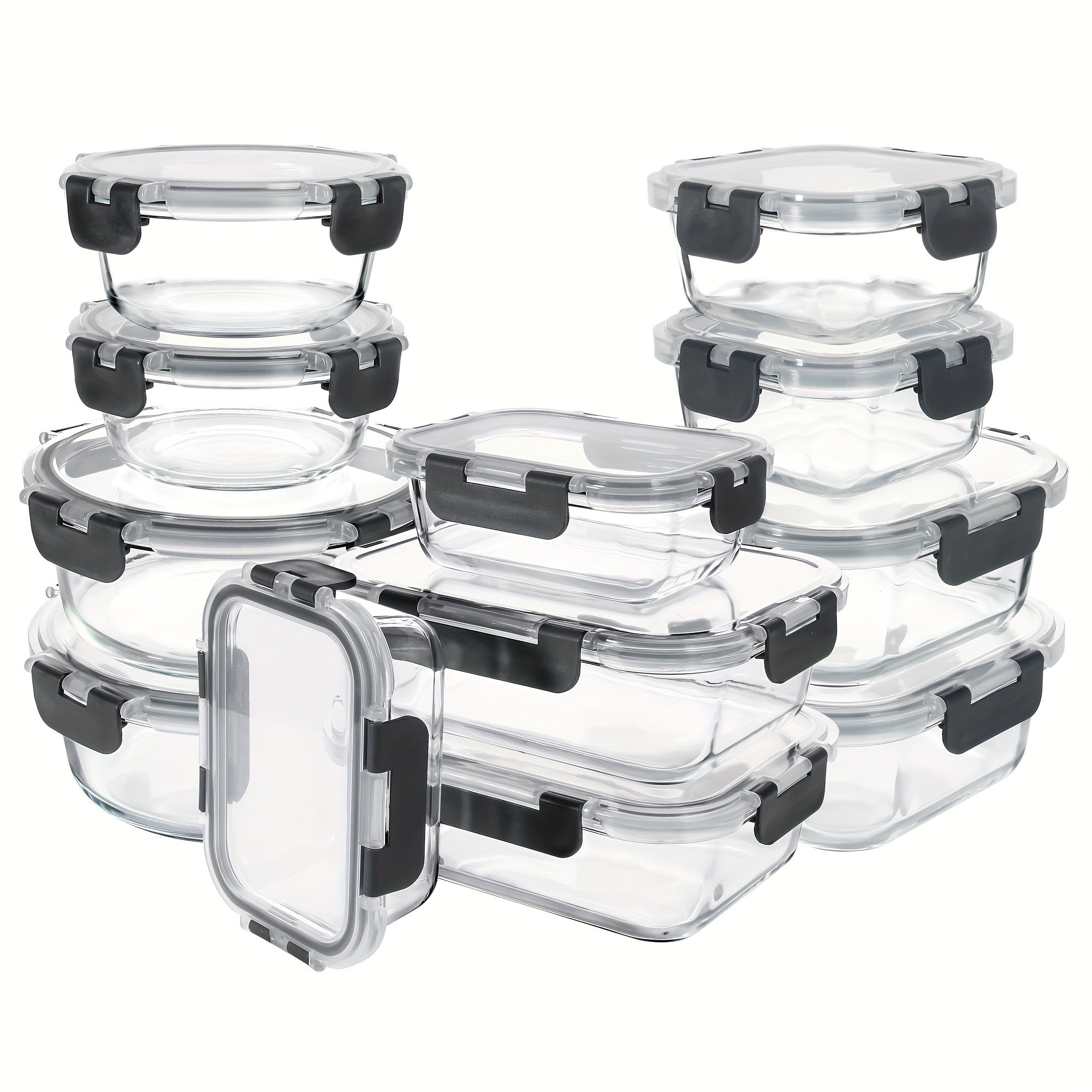 12 Paquete de Contenedores de Vidrio para Alimentos con Tapas Herméticas de Cierre a Presión - Contenedores Rectangulares para Preparación de Comidas, Aptos para Microondas y Lavavajillas, Diseño Apilable y Ahorrador de Espacio para Almacenamiento de Alim