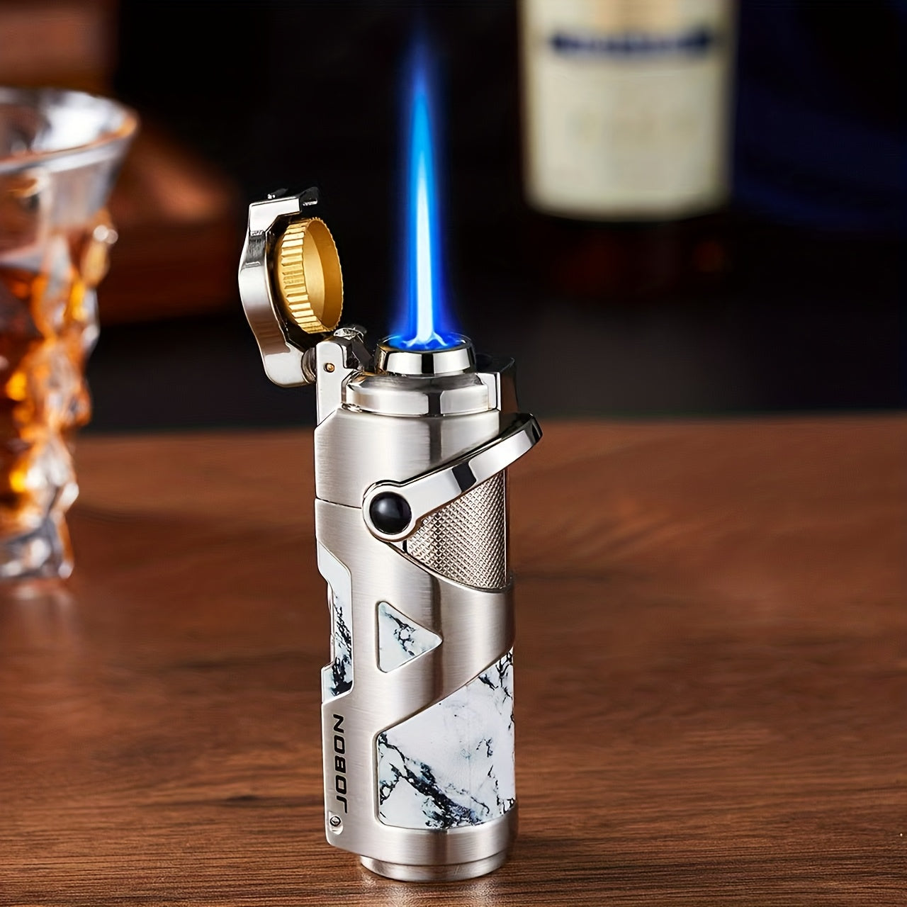 Encendedor recargable | Encendedor metálico 3 en 1 (combustible no incluido), diseño de líneas de tecnología avanzada, a prueba de viento