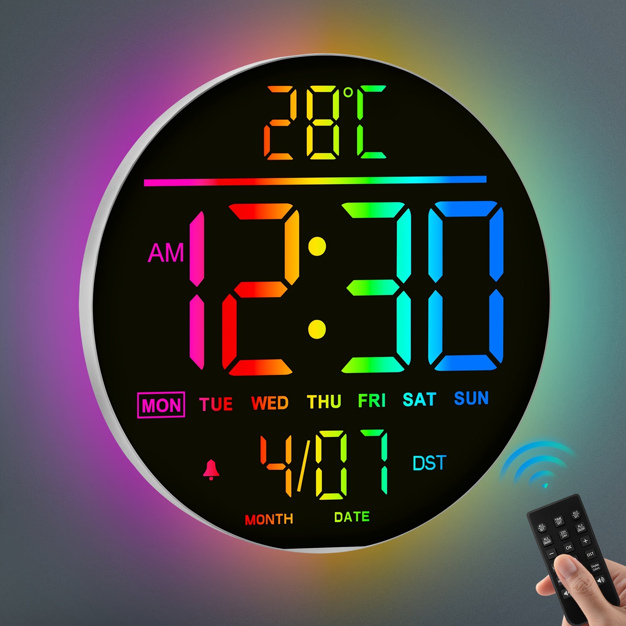 Reloj de pared digital - 25 cm/10 11" RGB, brillo automático, temperatura, fecha y día, horario de verano automático, luz nocturna, sin tictac, reloj de pared eléctrico LED moderno para dormitorio, sala de estar