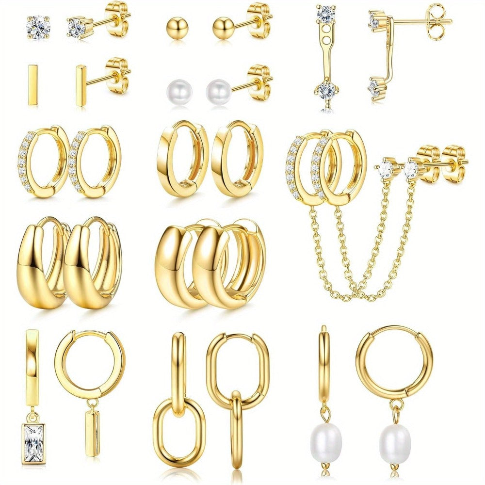 Juego de 13 Pares de Aros Pequeños Dorados para Mujer, Baño en Oro 14K, Ligeros y Hipoalergénicos, Pendientes Delgados Tipo Huggie, Ideal para Regalo